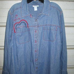 Plus Size 1X 18/20 Liz & Me Embroidered Heart Denim Top Button-down blouse women